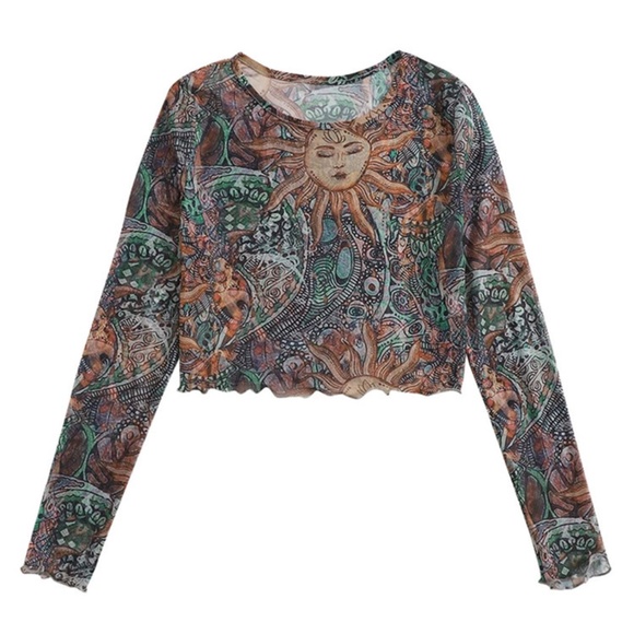 Ladies Round Neck Mesh See-through Sunflower Print Long Sleeves - Picture 2 of 4